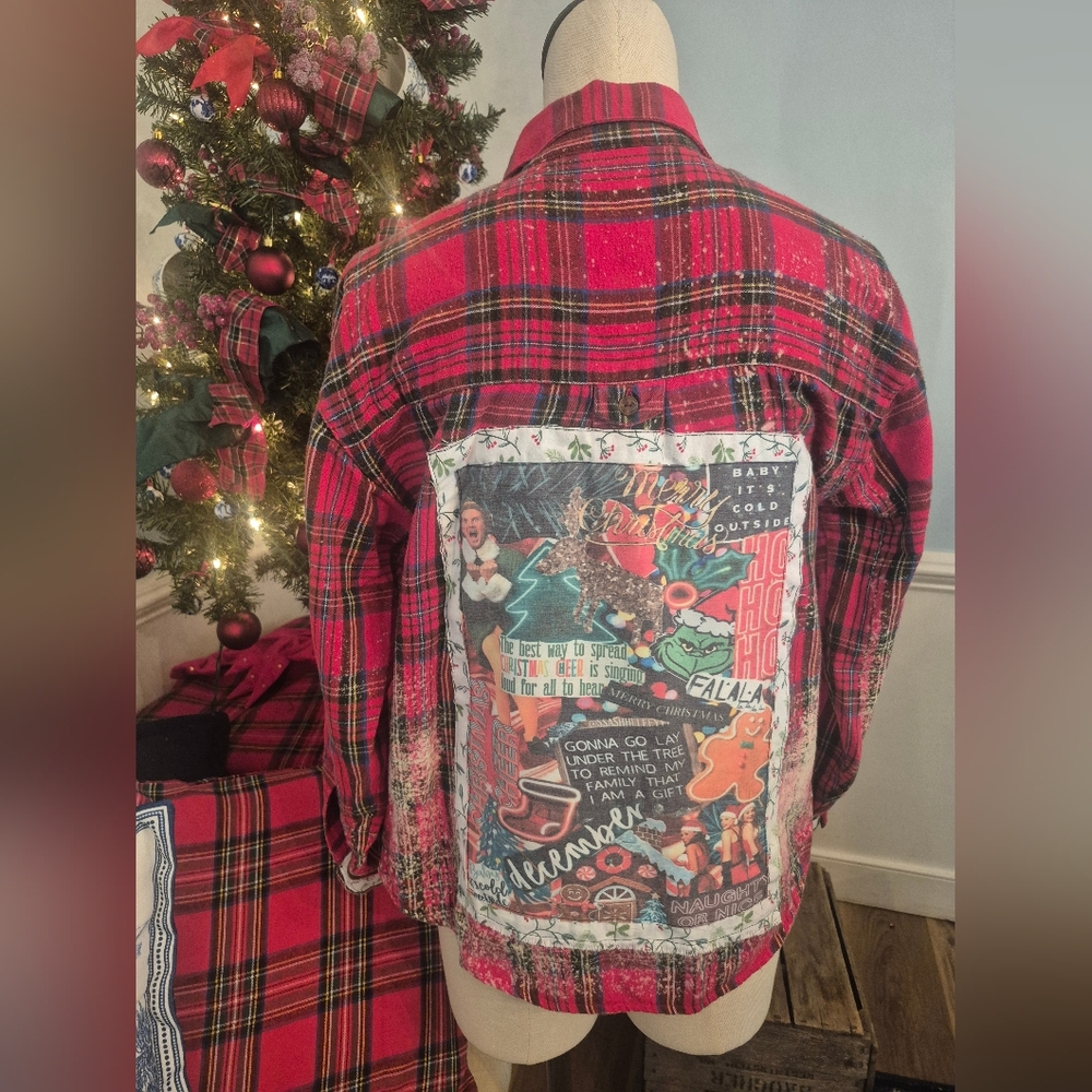 Upcycled Flannel- Christmas Movie Collage Back Patch